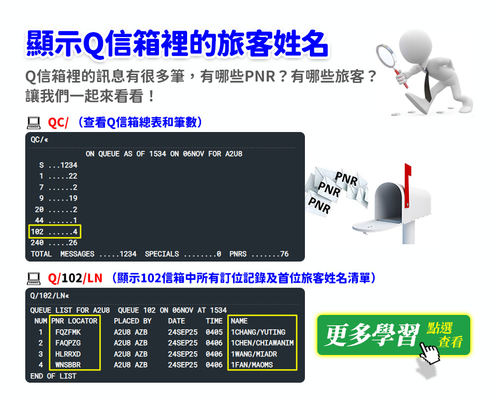 顯示 Q 信箱裡的旅客姓名